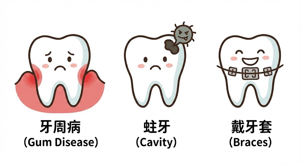 預防牙周病、蛀牙、戴牙套族群適用示意圖